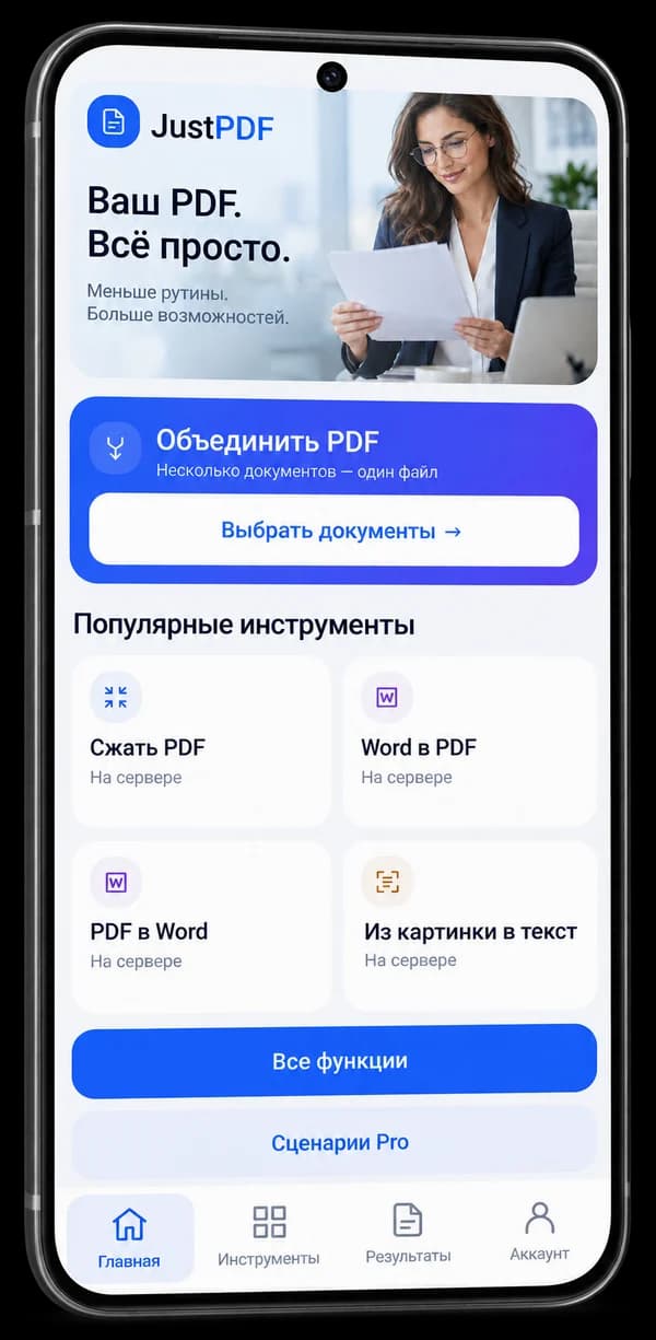 Приложение JustPDF на Android: главный экран и инструменты для PDF